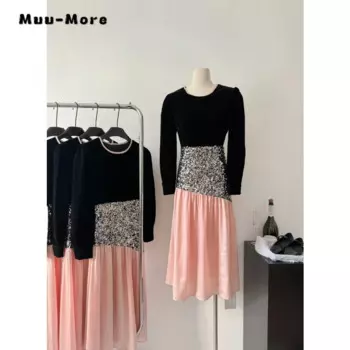 Женское винтажное платье-миди с длинным рукавом и круглым вырезом