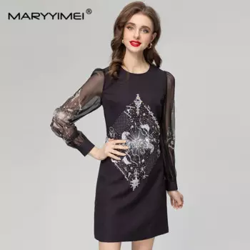 Женское винтажное платье-миди с круглым вырезом и длинным рукавом