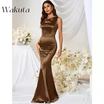 Женское винтажное платье-Русалка Wakuta, однотонное облегающее платье-русалка в стиле 1920-х, с открытыми плечами, простая Талия, элегантное платье