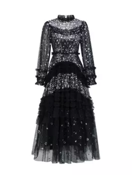 Женское винтажное платье с длинным рукавом, черное платье составного кроя с блестками и высокой талией, элегантное платье с круглым вырезом и цветными вставками