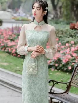 Женское винтажное платье в китайском стиле, элегантное кружевное лоскутное платье-Ципао, Вечернее Платье 4XL, традиционное платье