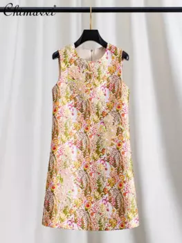 Женское винтажное жаккардовое платье, элегантное короткое ТРАПЕЦИЕВИДНОЕ ПЛАТЬЕ с круглым вырезом и вышивкой из бисера, французское пасторальное платье с блестками и круглым вырезом без рукавов