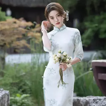 Женское Замшевое платье-Ципао с вышивкой, в китайском стиле