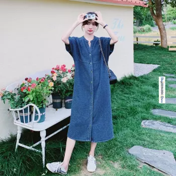 Женское жаккардовое джинсовое платье в полоску, элегантное шикарное однобортное свободное прямое платье макси с коротким рукавом, лето 2024