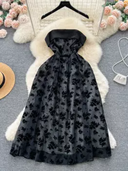 Женское жаккардовое платье-бандо, элегантное приталенное Тюлевое платье во французском ретро-стиле Хепберн