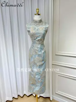 Женское жаккардовое платье-Ципао без рукавов, с высокой талией