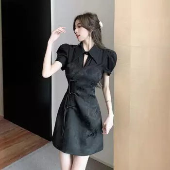 Женское жаккардовое платье-Ципао с пышными рукавами