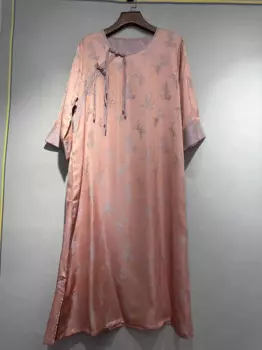 Женское жаккардовое платье на пуговицах, платье в китайском стиле Ципао с круглым вырезом и бахромой династии Song, жаккардовое платье