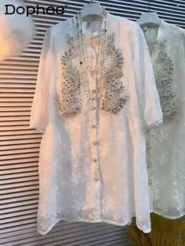 Женское жаккардовое платье с круглым вырезом, полурукавом и бусинами