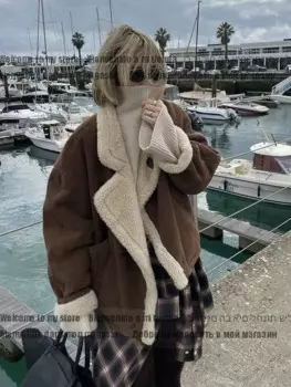 Женское зимнее флисовое пальто с длинными рукавами и пуговицами 2024, женская уличная пушистая верхняя одежда в стиле хип-хоп, модная свободная куртка из ягненка большого размера для