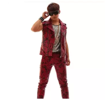 (Жилет + брюки) Камуфляжный Красный мужской костюм из искусственной кожи, облегающий жилет и штаны, костюм в стиле хип-хоп, джазовые костюмы для певиц, ночных клубов, шоу, сцены