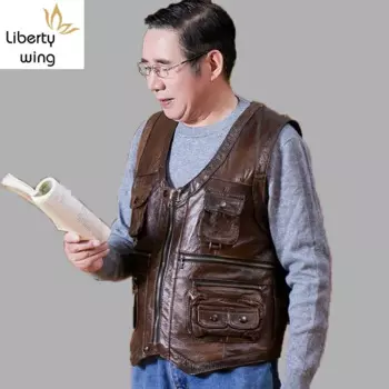 Жилет мужской из натуральной коровьей кожи, мотоциклетный жилет без рукавов, много карманов, коричневый