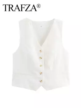 Жилет женский льняной без рукавов, с V-образным вырезом