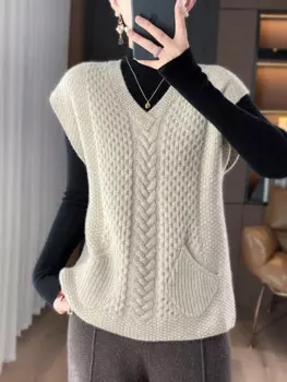 Жилет женский вязаный с V-образным вырезом, без рукавов