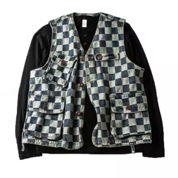 Жилетка мужская летняя винтажная, жилет без рукавов со множеством карманов, из денима, хлопка, в клетку