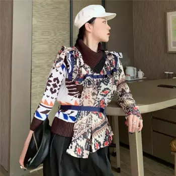 Зима 2024, Новое поступление, женский свитер с воротником и длинными рукавами, шифоновый лоскутный шерстяной топ, повседневный вязаный свитер с узором