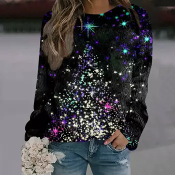 Зима 2024, женская рождественская футболка с принтом и блестками, удобная флисовая зимняя теплая повседневная футболка с длинными рукавами и круглым вырезом