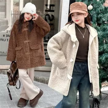 Зима 2489, ветровка, Детское пальто с плюшевой подкладкой, утепленное меховое пальто для девочек, длинное пальто с капюшоном