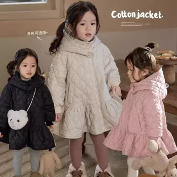 Зима-Осень для девочек, длинное модное хлопковое розовое пальто для маленьких детей, пальто принцессы в корейском стиле с капюшоном, детская теплая куртка, ветровка