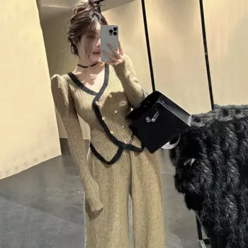 Зима-Осень вязаный свитер, комплект из 2 предметов, женский теплый кардиган с v-образным вырезом, прямые брючные костюмы для бега, повседневный спортивный костюм большого размера, женский