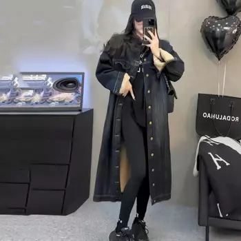 Зимнее джинсовое пальто из овечьей шерсти, женское Свободное пальто средней длины в Корейском стиле, утепленная модная уличная куртка-бомбер, женская верхняя одежда