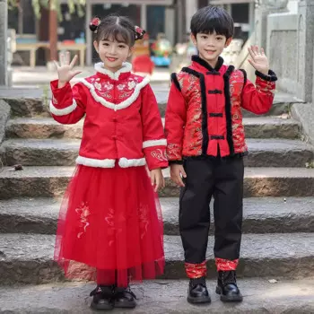 Зимнее хлопковое Новогоднее платье для девочек, красивый китайский костюм Тан для мальчиков, традиционный плотный и стеганый костюм с вышивкой