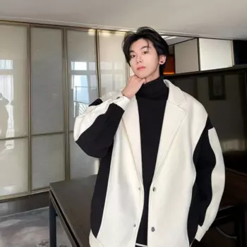 Зимнее Новое модное шерстяное пальто в гонконгском стиле с цветными блокировками, мужское пальто, свободная куртка, утепленное шерстяное пальто