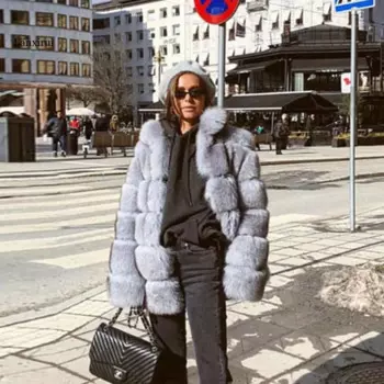 Зимнее пальто из искусственного лисьего меха, Женское зимнее плотное меховое пальто, куртка из натурального Лисьего меха с воротником-стойкой, Женское пальто из меха