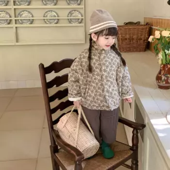 Зимнее пальто с хлопковой подкладкой для девочек от 1 до 6 лет, утепленное пальто с цветочным принтом для маленьких девочек, верхняя одежда с круглым воротником, теплое пальто для девочек