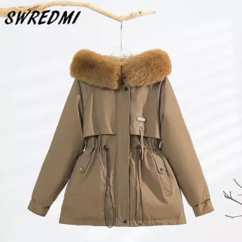 Зимнее пальто, женская зимняя верхняя одежда с капюшоном, Женская однотонная парка с большим мехом, плотная Женская парка