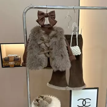 Зимнее Свободное пальто для детей с бантом, плотный теплый жилет из искусственного меха, футболка и штаны с колокольчиками, хлопковая куртка для девочек, повседневная верхняя одежда