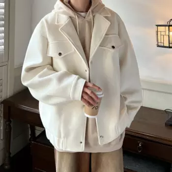 Зимнее толстое шерстяное пальто, мужское теплое толстое бежевое толстое шерстяное пальто, мужская корейская свободная короткая шерстяная куртка, мужские утепленные куртки