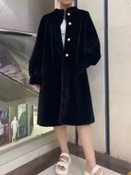 Зимнее женское пальто из искусственного меха, верхняя одежда с воротником-стойкой из меха норки, куртка из искусственного меха, черная длинная