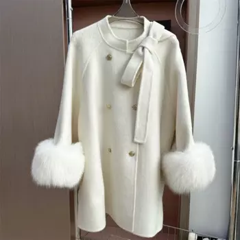 Зимнее женское пальто из натурального лисьего меха, шерстяной плащ, кашемировая теплая куртка с воротником из лисьего меха, роскошное толстое женское пальто