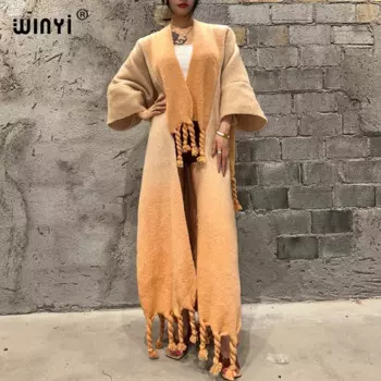 Зимнее женское пальто с градиентом WINYI, роскошное меховое нейтральное пальто, свободное плотное удобное теплое Женское пальто над пончо
