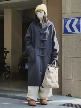 Зимнее женское повседневное однотонное Свободное длинное пальто с капюшоном