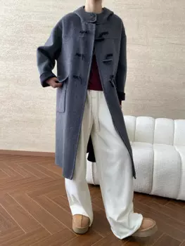 Зимнее женское повседневное однотонное свободное длинное пальто с капюшоном и карманами