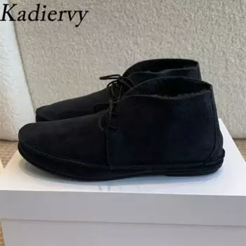 Зимние ботинки женские, короткие ботинки с круглым носком на шнуровке, шерстяная теплая обувь, женские замшевые ботильоны на плоской подошве для женщин, Botas Mujer