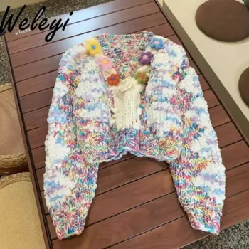 Зимние цветные шерстяные свитера женские 2024, осенний трехмерный утолщенный вязаный крючком короткий пуловер ручной работы, трикотаж