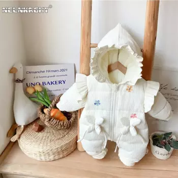 Зимние детские комбинезоны в стиле принцессы, детские толстые стеганые уличные комбинезоны с капюшоном и вышивкой бабочки на молнии, Новинка