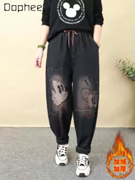 Зимние флисовые женские джинсы с вышивкой в стиле ретро, новинка 2024, свободные утолщенные брюки Харлан на эластичной талии на шнуровке, женские брюки