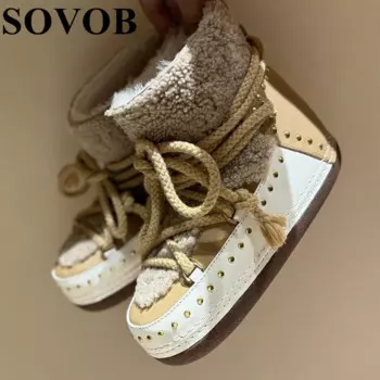 Зимние лыжные ботинки Меховые интегрированные нескользящие лыжные зимние ботинки Женские теплые короткие ботинки на толстой подошве и плоском каблуке Теплые ботильоны из натуральной шерсти