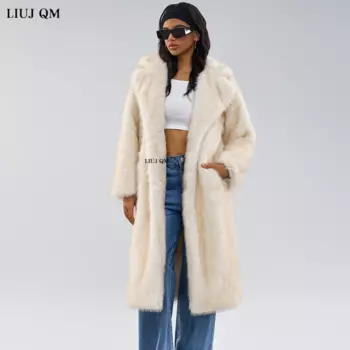 Зимние пальто для женщин, одежда 2024, роскошная пушистая Толстая теплая длинная куртка из искусственного меха, винтажная Меховая куртка с лацканами, новая верхняя одежда