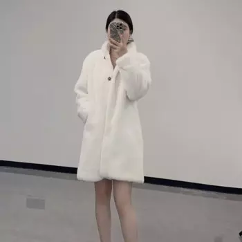 Зимние пальто женские, новинка 2024, цельное пальто из искусственного меха, женское длинное стильное пальто с воротником-стойкой, женское пальто из искусственного меха