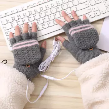 Зимние плюшевые вязаные перчатки с USB подогревом полосатые дамские флип-Чехлы грелки для рук гаджеты для сохранения тепла