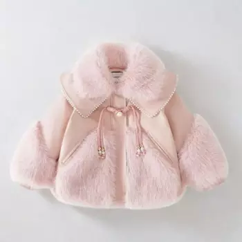 Зимние теплые длинные куртки, розовые хлопковые пальто, милые детские пальто для девочек с бархатной подкладкой, Детская верхняя одежда с лацканами из искусственного меха, Детское пальто