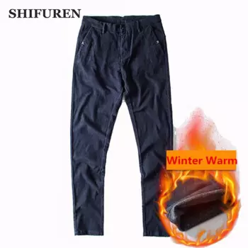 Зимние Утепленные хлопковые мужские брюки SHIFUREN, длинные двухслойные брюки на молнии с флисовой подкладкой, размеры 28-38