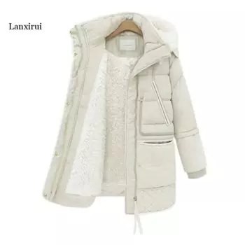 Зимние женские шерстяные куртки Lanxirui, длинное пальто с хлопковой подкладкой, облегающие парки с капюшоном, женская теплая куртка, верхняя одежда