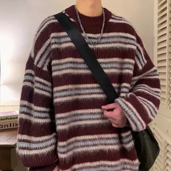Зимний бархатный свитер, мужской теплый полосатый вязаный пуловер, мужская уличная одежда, корейский свободный свитер с длинными рукавами, мужской джемпер, одежда