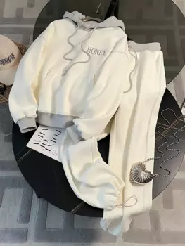 Зимний комплект из 2 предметов с толстовкой с надписью и вышивкой, женская одежда, спортивный костюм, Модный свитшот с капюшоном и спортивные повседневные брюки, костюм для бега